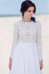 Vestido de novia/boda playera de gasa con encaje, manga larga, blanco y cremallera WD451